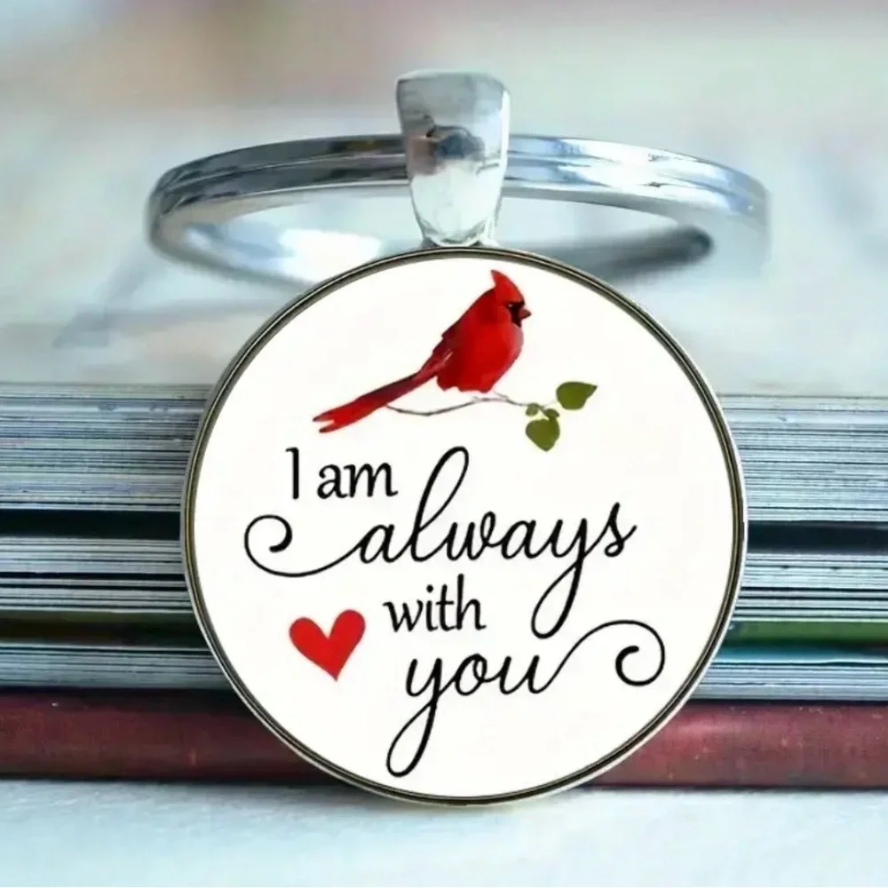 Red Cardinal Keychain with “I am always with you” phrase, NEW